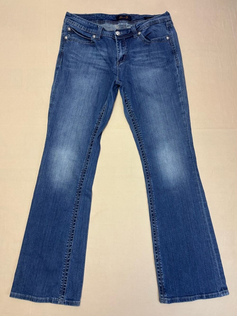 Seven7 Women's Medium Blue Low Rise Y2K Bootcut Jeans Rhinestone Detail Size 12